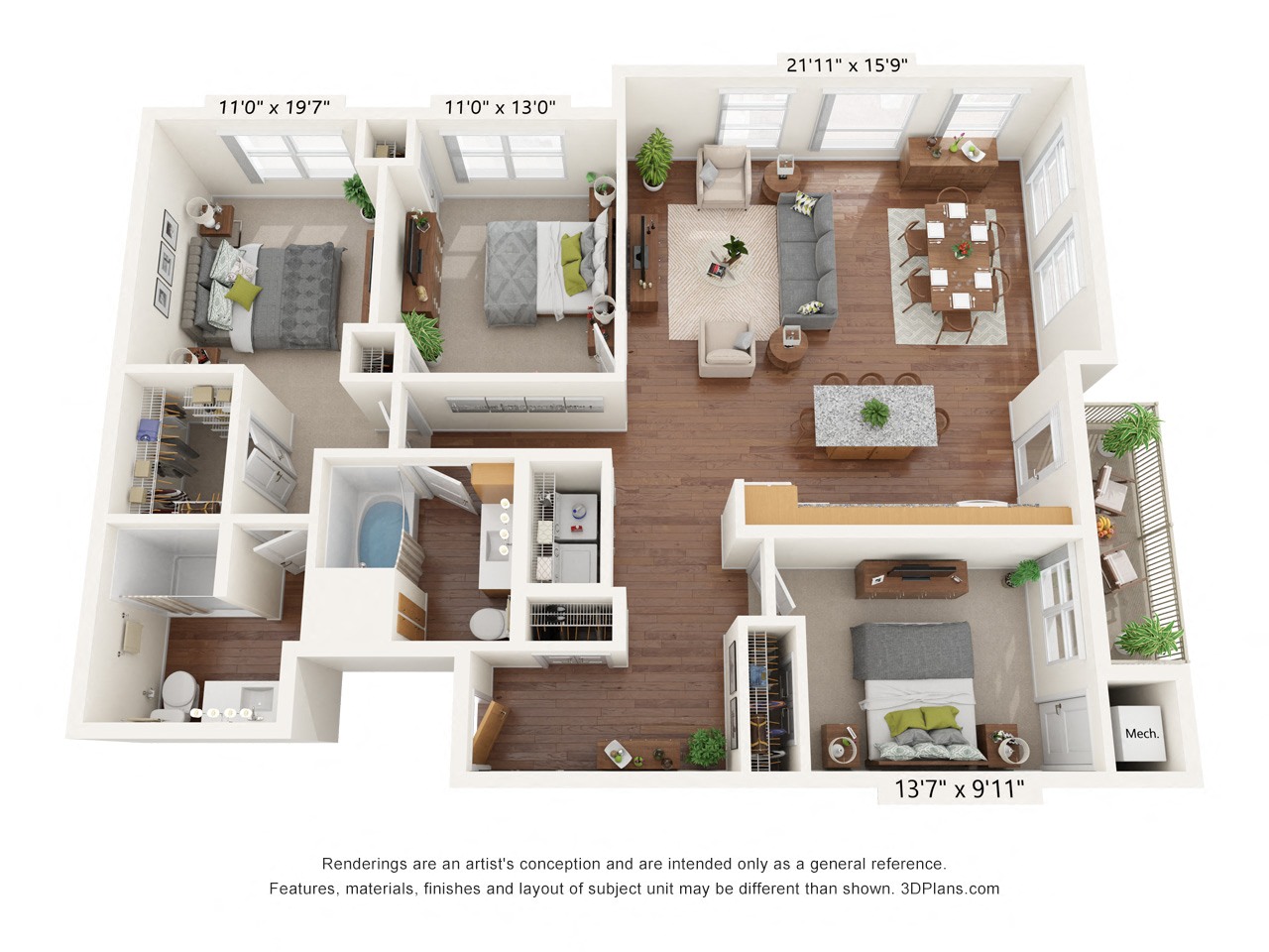 Floor plan for 3 beds, 2 baths, 1339 sqft
